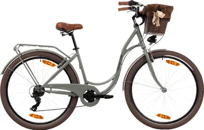 Produktbild von Goetze Mood 28 Zoll City Bike, 18 Zoll Tiefeinsteiger, 7-Gang Shimano Tourney, V-Bremse, LED-Beleuchtung, Komfortsattel, Rattankorb mit Bezug
