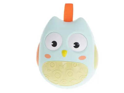 A light blue owl toy with orange and yellow accents is shown against a white background.