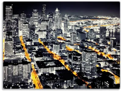 Produktbild von Wallario Glasunterlage, Schneidebrett aus Glas, Größe 30 x 40 cm, Motiv Großstadt bei Nacht - Seattle in schwarz weiß gelb