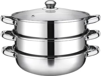 Produktbild von Edelstahl Dampfgarer 32 cm 3-lagig, multifunktional Dampfgarbehälter,Gardampfkochtopf, sichtbares Kochen