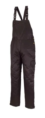 A black unisex bib overall, likely for work or cold weather, is shown against a white background.