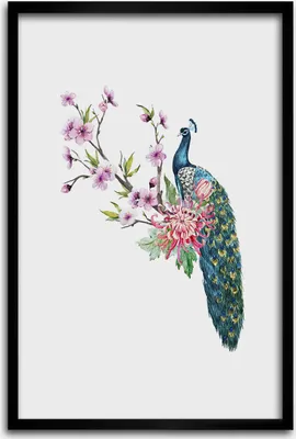 Produktbild von Bild - Bilderrahmen - 40 cm x 60 cm - MDF - Rahmen - Wandkunst - Pfau und Blumen