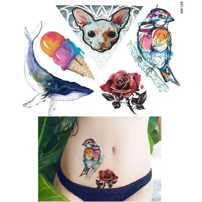 Produktbild von Temporäres Tattoo Katze Spatz Rose Wal Eis Design Temporary Klebetattoo Körperkunst