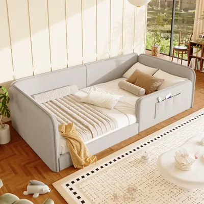 Obrázok produktu pre Detská postel Flieks 90x200 cm s bočnicami, rozkladacia pohovka na denné používanie s úložnými vreckami, podlahová posteľ z dreva s roštom, farba: béžová