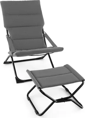 A gray folding lounge chair and ottoman set on a white background.