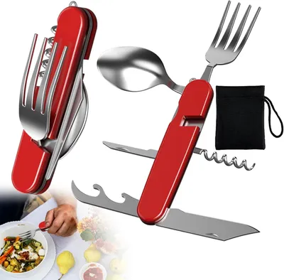 Produktbild von Campingbesteck 6-in-1, Edelstahl, Aufbewahrungstasche, Für Wandern, Reisen, Picknick, Camping