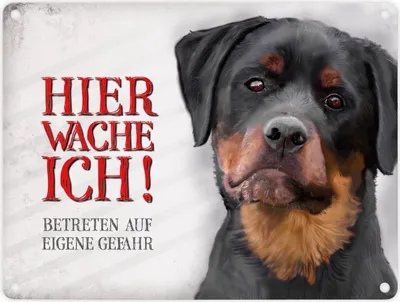 Produktbild von Metallschild mit Rottweiler Motiv und Spruch: Betreten auf eigene Gefahr ...