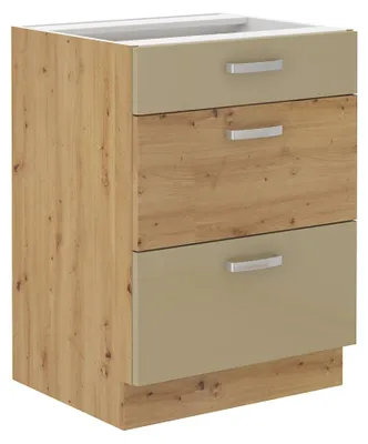 Produktbild von Küchen Unterschrank 60 Eiche Artisan Cappuccino Hochglanz Vollauszug Soft-Close