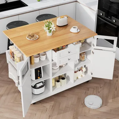 Obrázok produktu pre Kuchynský vozík s výklopnou pracovnou plochou, zásuvkami a kolieskami, biela farba, rozmer 140-70 x 40 x 93,5 cm