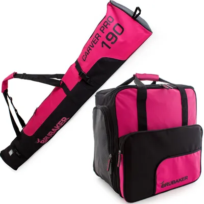 Zdjęcie produktu dla BRUBAKER Combi Set Carver PRO - pokrowiec na narty 190 cm i pokrowiec na buty narciarskie na 1 parę nart + kijki + buty + kask Pink Black