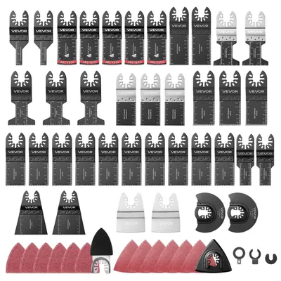 Image de Kit de 160 pièces comprenant des lames de scie oscillante et des accessoires de ponçage : 36 lames universelles pour outil multifonction, avec 2 grattoirs, 2 disques de ponçage et 120 grains de papier de verre, ainsi que 11 types de lames oscillantes pour outil multifonction, adaptées au bois, au plastique et au métal