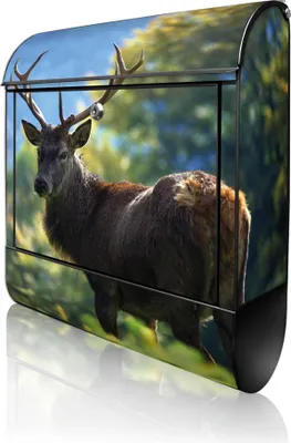 Produktbild von banjado Design Briefkasten Stahl schwarz mit Zeitungsfach pulverbeschichtet "Hirsch" 38x46x12,5cm & 2 Schlüssel - Postkasten A4 Einwurf inkl. Montagematerial [BKSCH 10321]