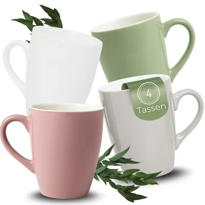 Produktbild von Kaffeetassen 4er Set aus Keramik 340ml, Teetassen schöne Farben