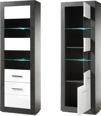 Two views of a modern display cabinet with drawers and glass shelves, one closed and one open.