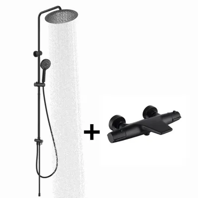 Produktbild von Homelody Duschsystem mit Thermostat Badewannenarmatur Schwarz Regendusche 30 cm Regendusche Runde, 5 Strahlarten Handbrause, Wasserfall-Auslauf