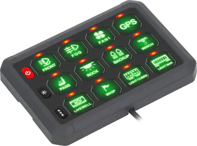 Produktbild von 12-fach Schalterpanel mit Bluetooth-RGB-Tasten, Steuerrelais und 100-A-Leistungsschalter, DC 12–24 V