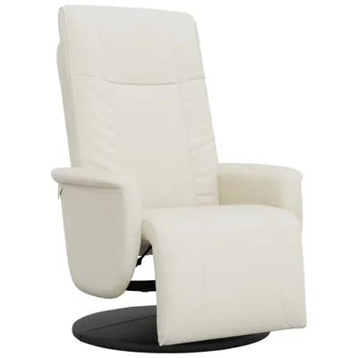 A cream-colored recliner chair with a footrest is shown against a white background.