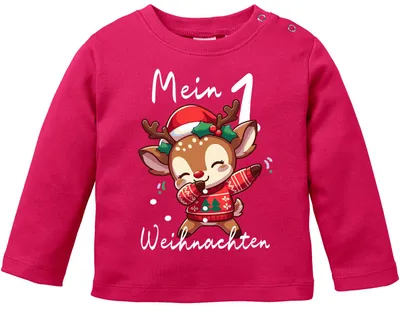 Produktbild von Baby Langarmshirt Mein 1. Weihnachten Weihnachtsoutfit Spruch Grinch Rentier Jungen Mädchen Longsleeve Moonworks® Dabbing Rentier sorbet 92/98 (16-24-Monate)