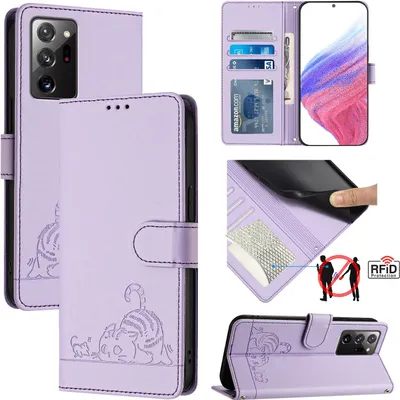 Produktbild von Leder Hülle für Samsung Galaxy Note 20 Ultra 5G Süße Katze Flip Case Brieftasche Schutzhülle mit Standfunktion Lila