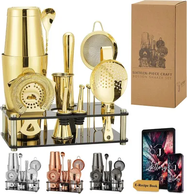 Productafbeelding van Boston Shakerset - 16-delige set van roestvrij staal met acrylbasis - Cocktailzeef - Ijstang - Lepel - Jigger - Stamper