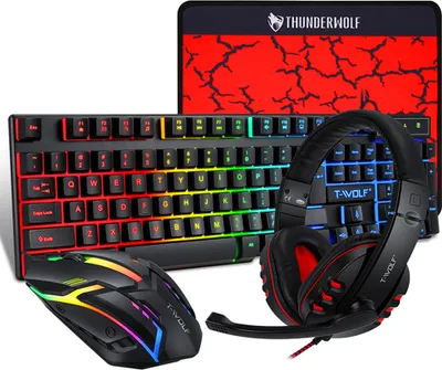 A gaming keyboard, mouse, headphones, and mousepad are arranged on a white background.