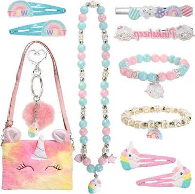 Productafbeelding van Sierlijke pluche eenhoorn handtas met ketting, armband en haarclip - Perfect cadeau voor unicorn liefhebbers