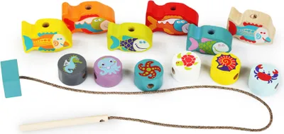 A collection of wooden beads shaped like sea creatures and fish, arranged on a white background with a string and a wooden needle.