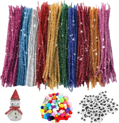 Produktbild von 300 Stück Pfeifenreiniger Bunt, 10 Farben Pfeifenreiniger Biegeplüsch Basteldraht 30cm, inkl. 100 Wackelaugen selbstklebend, 65 Pompons, DIY Projekte und Basteldeko für Kinder
