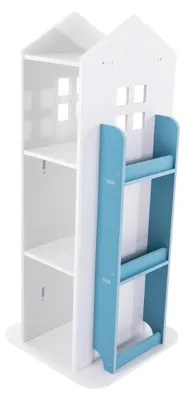 Immagine prodotto di Libreria per bambini - Libreria girevole - 4 ripiani - Design a forma di casetta - In legno - Sicura per i bambini - Da montare - Blu
