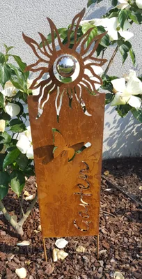 Produktbild von Beetstecker Skulptur Garten Cortenstahl Kugel Edelstahl Dekoration Gartenstecker