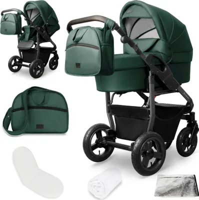 A collage of images showing a green baby stroller and its accessories.