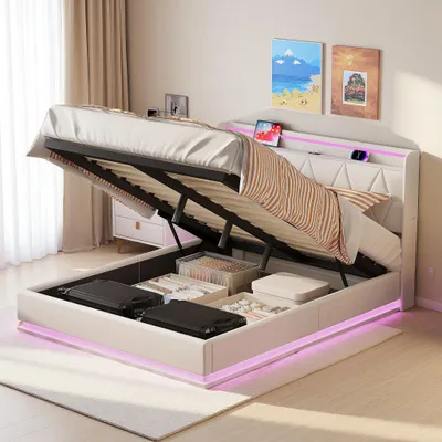 Zdjęcie produktu dla Łóżko tapicerowane UnboxG 160×200 cm w kolorze białym - łóżko do przechowywania ze sprężyną gazową, oświetleniem LED na wezgłowiu, bokach i podnóżku, złączem ładowania USB