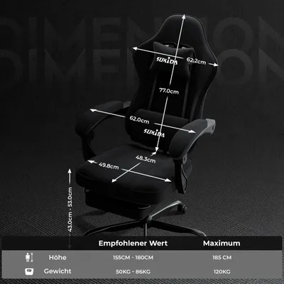 Produktbild von Gaming Stuhl - Racing Bürostuhl - Ergonomisch mit Fußstütze - Verstellbare Höhe - Lendenwirbelstütze - Schwarz