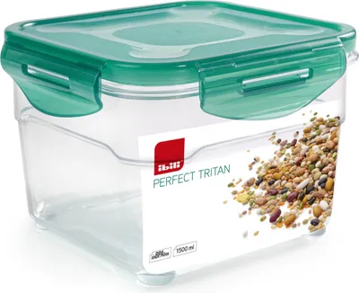 Zdjęcie produktu dla Hermetyczny pojemnik na żywność Ibili, plastikowy, kwadratowy, przezroczysty/zielony