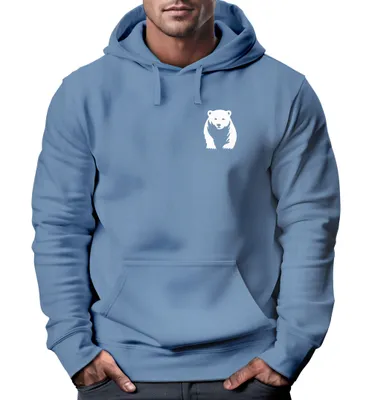 Produktbild von Hoodie Herren Print Aufdruck Motiv Brustprint Logo Bär Natur Outdoor Männer Fashion Streetstyle Neverless® indigo blue M