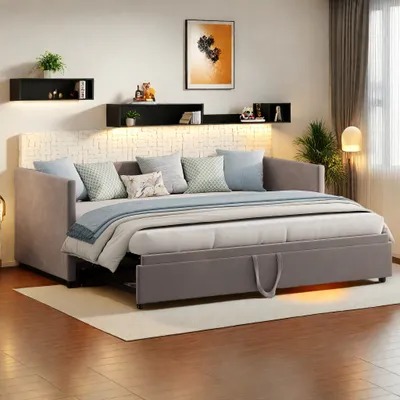 Produktbild von UnboxG Schlafsofa 90x200/180x200cm mit ausziehbarem Bett, Sofabett Tagesbett Kinderbett Jugendbett mit Lattenrost, Daybett Samt, Grau