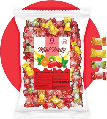 Produktbild von PERE’S CANDY Süßigkeiten Großpackung 1kg - Mini Fruity Bonbons - 4 Sorten – Orange, Zitrone, Kiwi, Kirsche – Weich & Lecker – Aus Italien