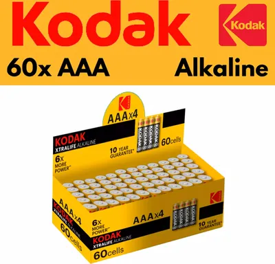 A display box filled with Kodak AAA alkaline batteries.