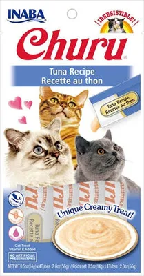 A package of Churu Tuna Recipe cat treats, featuring images of cats and the product itself.