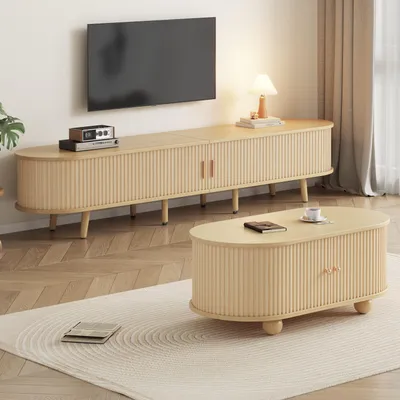 Image de MODFU Ensemble Meuble TV et Table Basse avec Rangement - Meuble de Salon Moderne en MDF, Bois, 175×40×42 cm + 100×50×40 cm