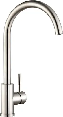 A brushed nickel kitchen faucet against a white background.