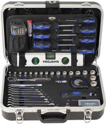 An open tool case filled with various tools.