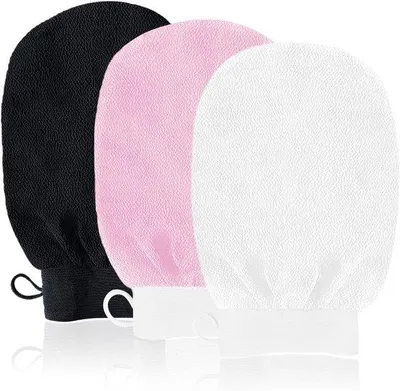 Produktbild von Exfolierende Badhandschuhe - Doppelseitig - Herstellbar - Für Dusche - Spa - Massage - Schwarz - Weiß - Rosa