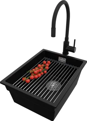 Produktbild von PRIMAGRAN Unterbauspüle Granit Schwarz 36x47cm, Spülbecken 1 Becken + Ablauf-Set + Küchenzubehörset, Granitspüle ab 40er Unterschrank - Praga