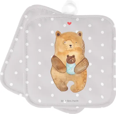Produktbild von Mr. & Mrs. Panda Topflappen Bär Baby - Grau Pastell - Geschenk, Set, Mutter, Topfuntersetzer, topfhalter, Eltern, Kochlappen, Nichte, Geburt, Teddy, Geburtstag, Doppel