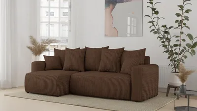 Zdjęcie produktu dla Narożnik z funkcją spania i podstawą łóżka DENVER - w kształcie litery L w stylowym brązowym kolorze POSO Otomana po lewej stronie