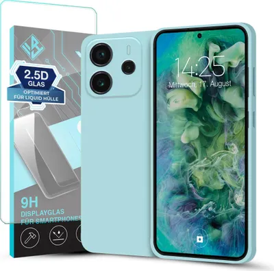 A light blue phone case and screen protector are displayed next to a smartphone.