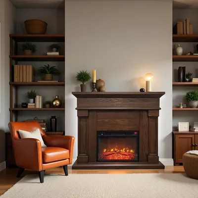 A living room scene featuring an electric fireplace, a bookshelf, and an armchair.