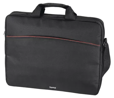 A black laptop bag with a red stripe is shown against a white background.