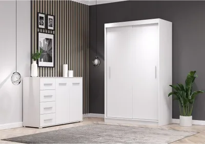 Produktbild von 2er-Set Schwebetürenschrank Schrank Kleiderschrank ohne Spiegel Weiß/Weiß 120cm Neomi 04 mit Kommode 135cm FRIDA 01